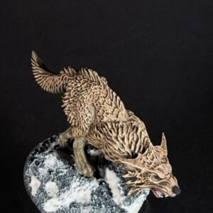 IMG_1862 Three fenrisian wolves miniatures standing on rocky, snow-covered