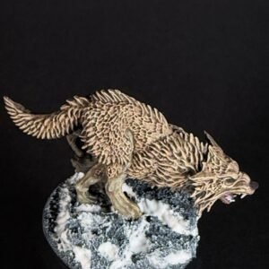 IMG_1863 Three fenrisian wolves miniatures standing on rocky, snow-covered