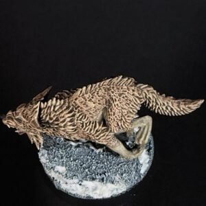 IMG_1867 Three fenrisian wolves miniatures standing on rocky, snow-covered