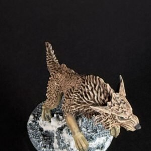 IMG_1870 Three fenrisian wolves miniatures standing on rocky, snow-covered