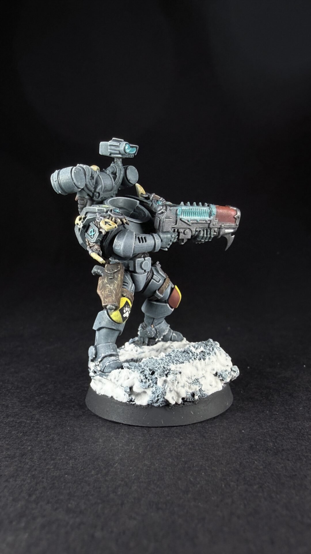A detailed sci-fi miniature in dark armor holding a large gun, standing on a snowy rocky base.