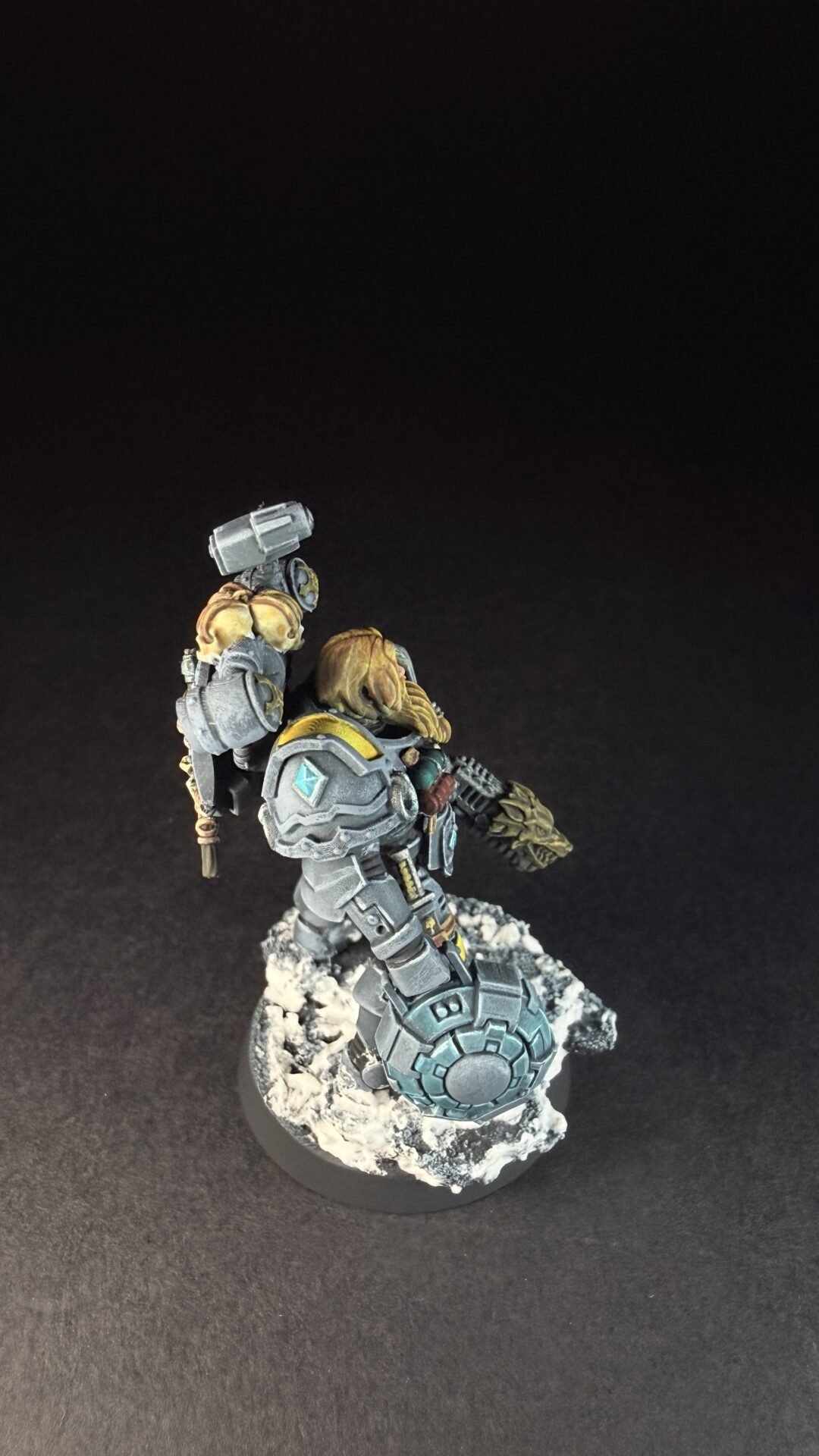 Painted Space Wolves Wolf Scout Trapmaster with plasma pistol and combat blade on snowy base