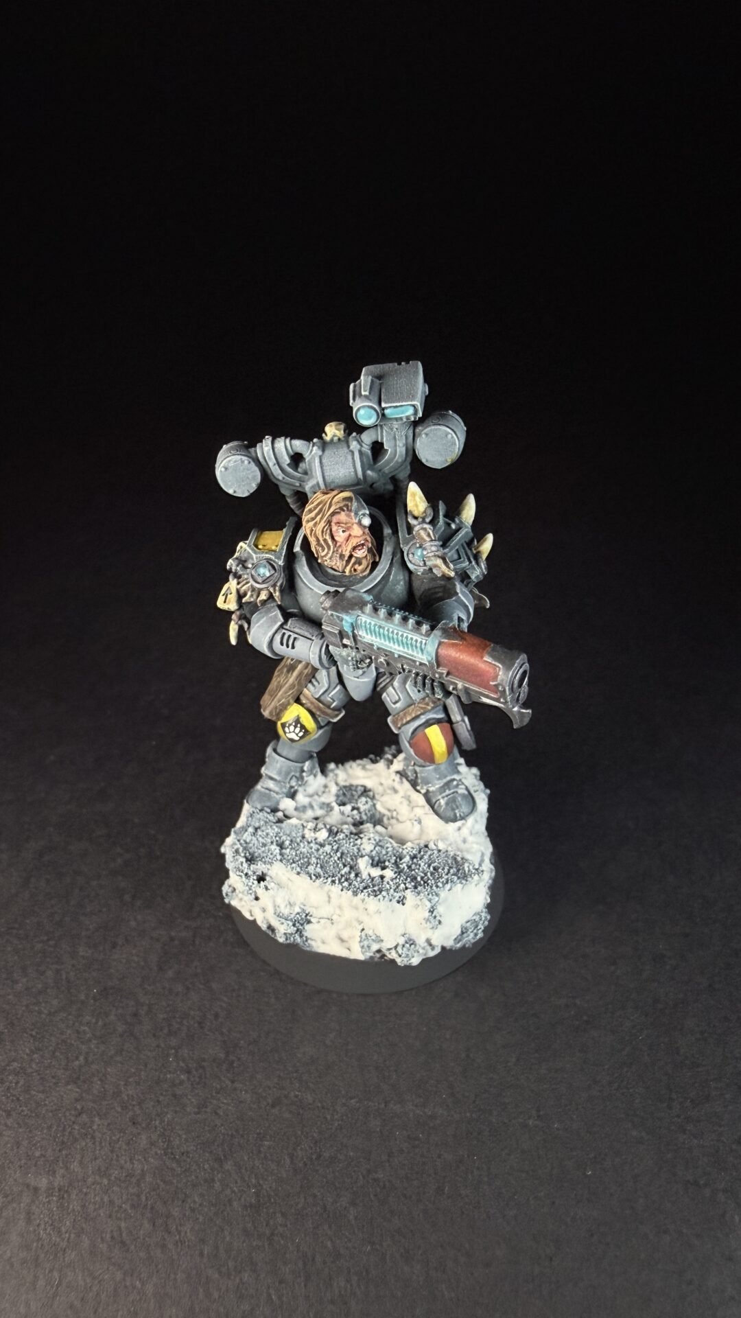 Painted Space Wolves Wolf Scout Gunner with plasma gun on snowy base