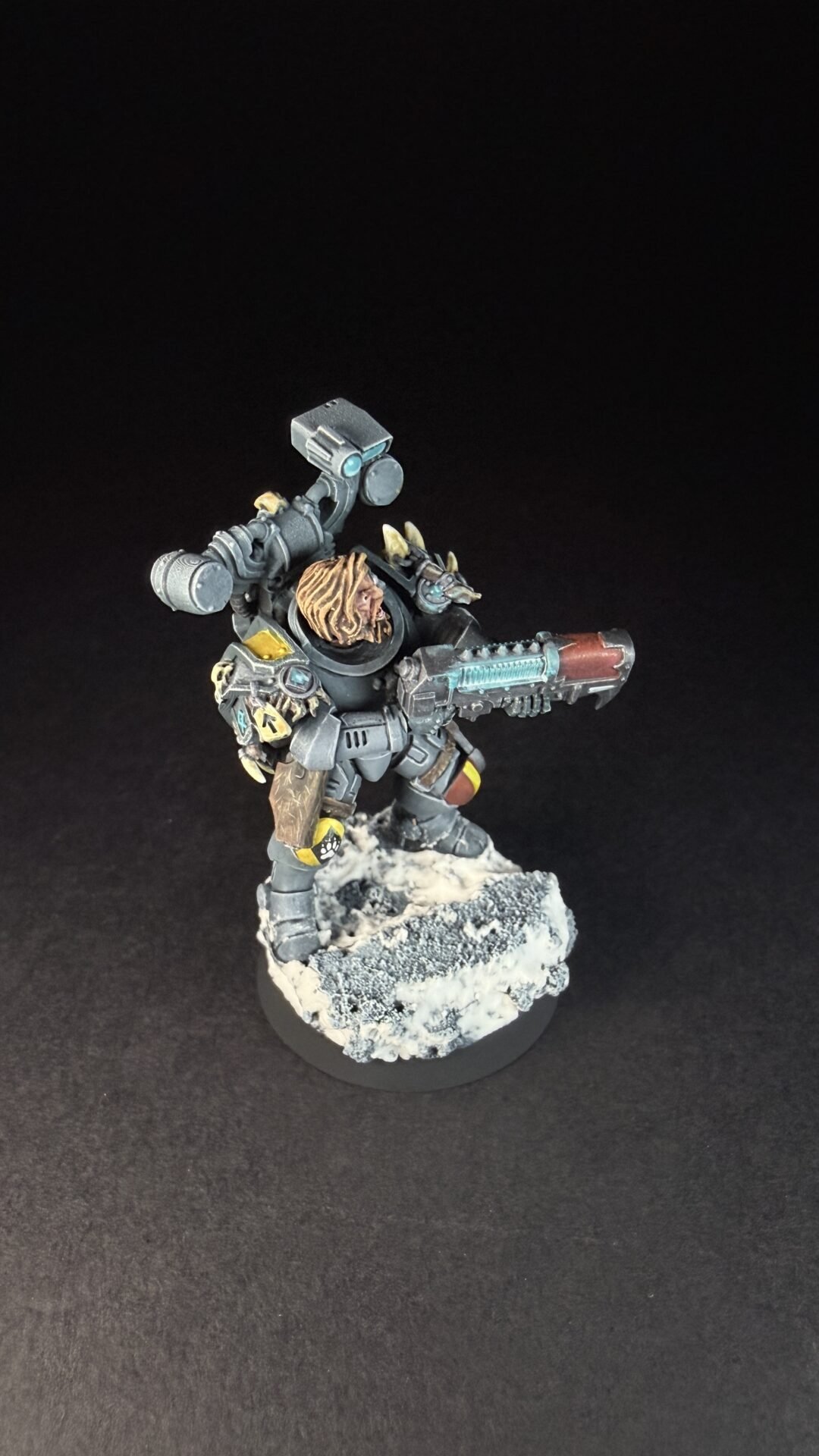 Painted Space Wolves Wolf Scout Gunner with plasma gun on snowy base
