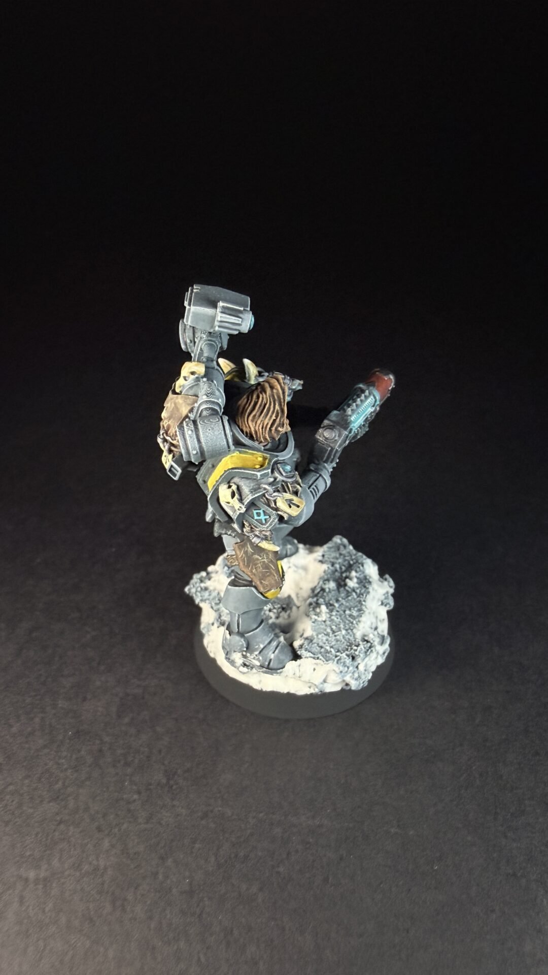 Painted Space Wolves Wolf Scout Gunner with plasma gun on snowy base