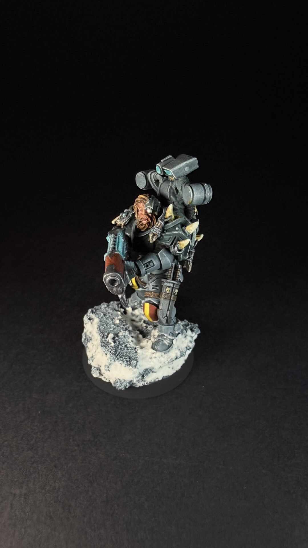 Painted Space Wolves Wolf Scout Gunner with plasma gun on snowy base