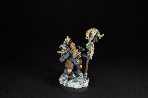 Painted Wolf Scout Rune Priest Skjald with Bolt Pistol and Runic Staff on snowy base.