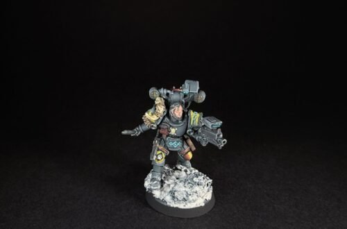 Painted Wolf Scout Fangbearer with Absolvor Bolt Pistol and Combat Blade on snowy base.