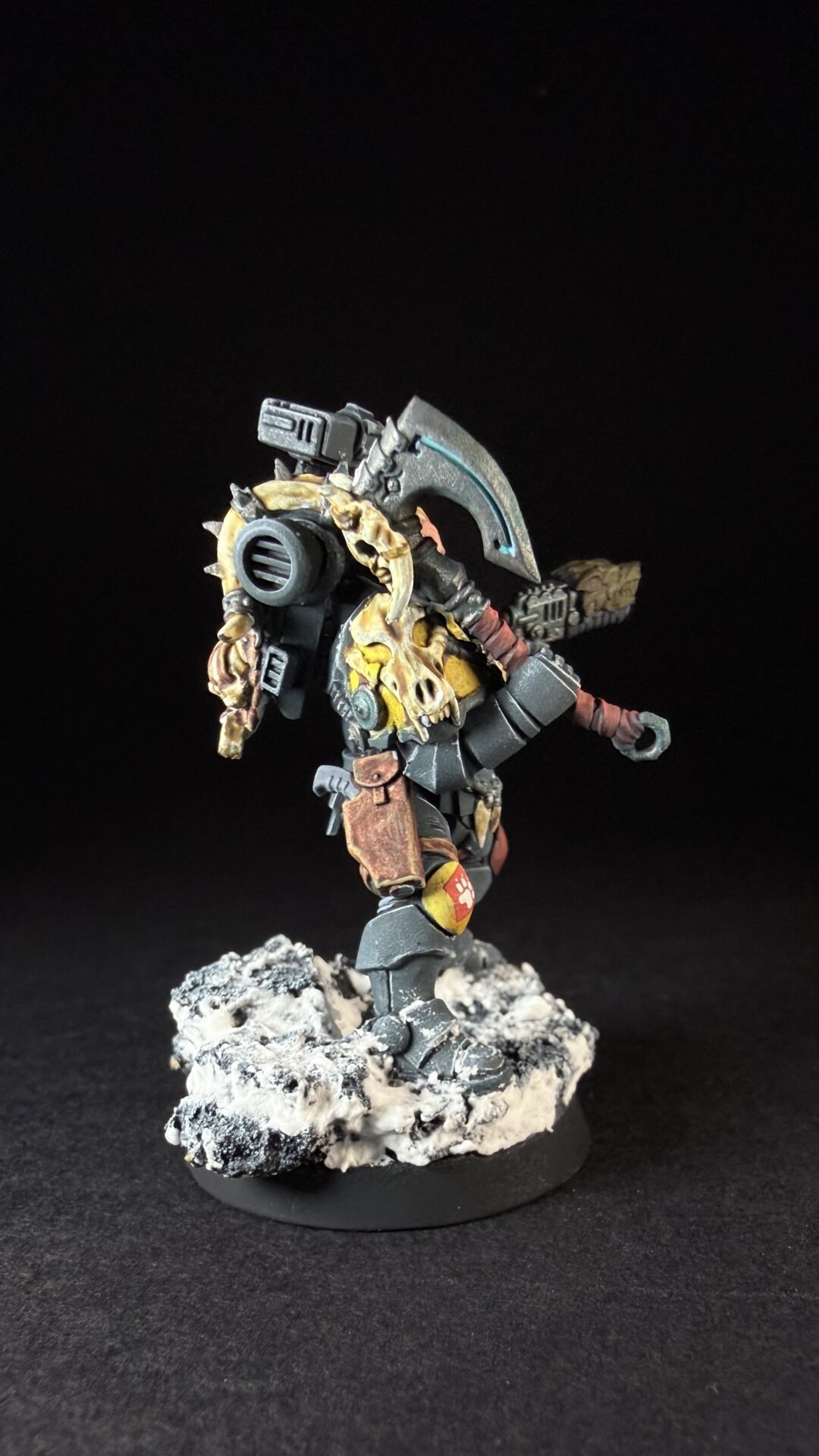 Painted Space Wolves Wolf Scout Pack Leader with plasma pistol and power weapon on snowy base