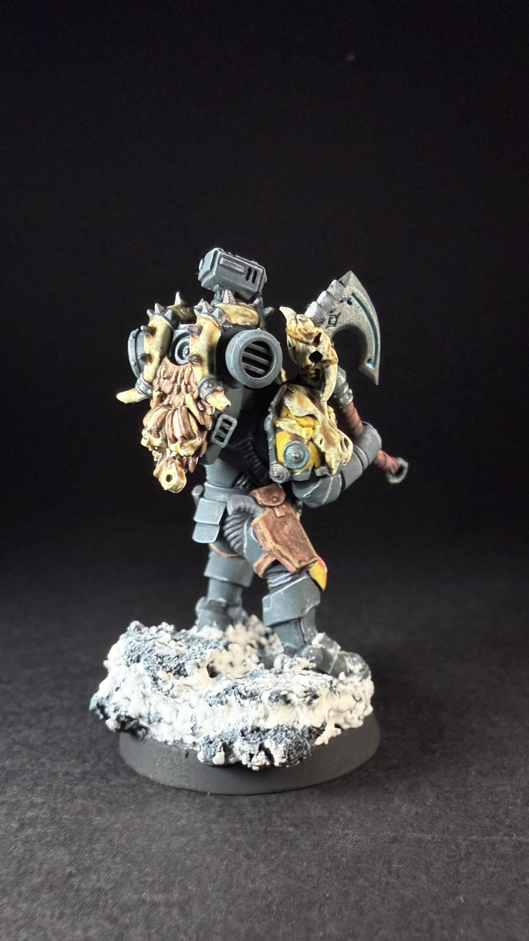 Painted Space Wolves Wolf Scout Pack Leader with plasma pistol and power weapon on snowy base