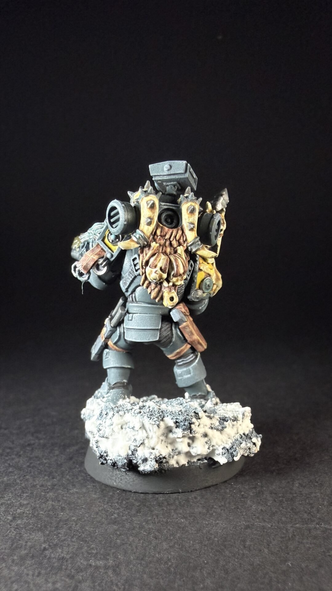 Painted Space Wolves Wolf Scout Pack Leader with plasma pistol and power weapon on snowy base