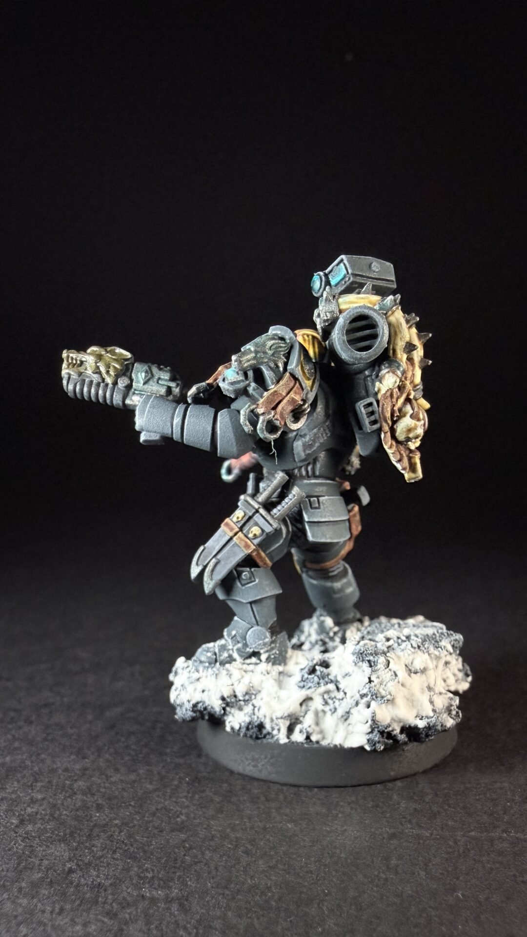 Painted Space Wolves Wolf Scout Pack Leader with plasma pistol and power weapon on snowy base