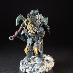 Wolf Scout Pack Leader_2013 Painted Space Wolves Wolf Scout Pack Leader with plasma pistol and power weapon on snowy base