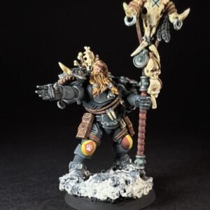 Scout Rune Priest Skjald_2014 Painted Wolf Scout Rune Priest Skjald with Bolt Pistol and Runic Staff on snowy base.