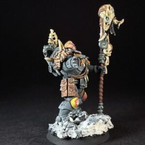 Scout Rune Priest Skjald_2015 Painted Wolf Scout Rune Priest Skjald with Bolt Pistol and Runic Staff on snowy base.
