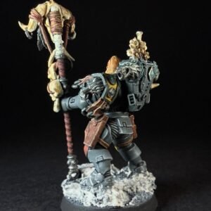 Scout Rune Priest Skjald_2018 Painted Wolf Scout Rune Priest Skjald with Bolt Pistol and Runic Staff on snowy base.