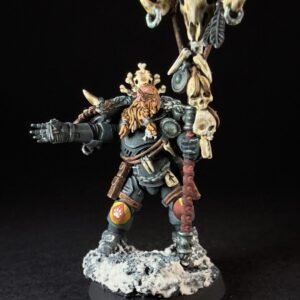 Scout Rune Priest Skjald_2022 Painted Wolf Scout Rune Priest Skjald with Bolt Pistol and Runic Staff on snowy base.