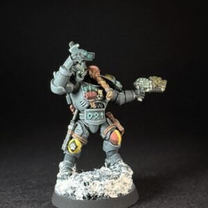Painted Wolf Scout Hunter_2024 Painted Wolf Scout Hunter with Plasma Pistol and Combat Blade on snowy base.