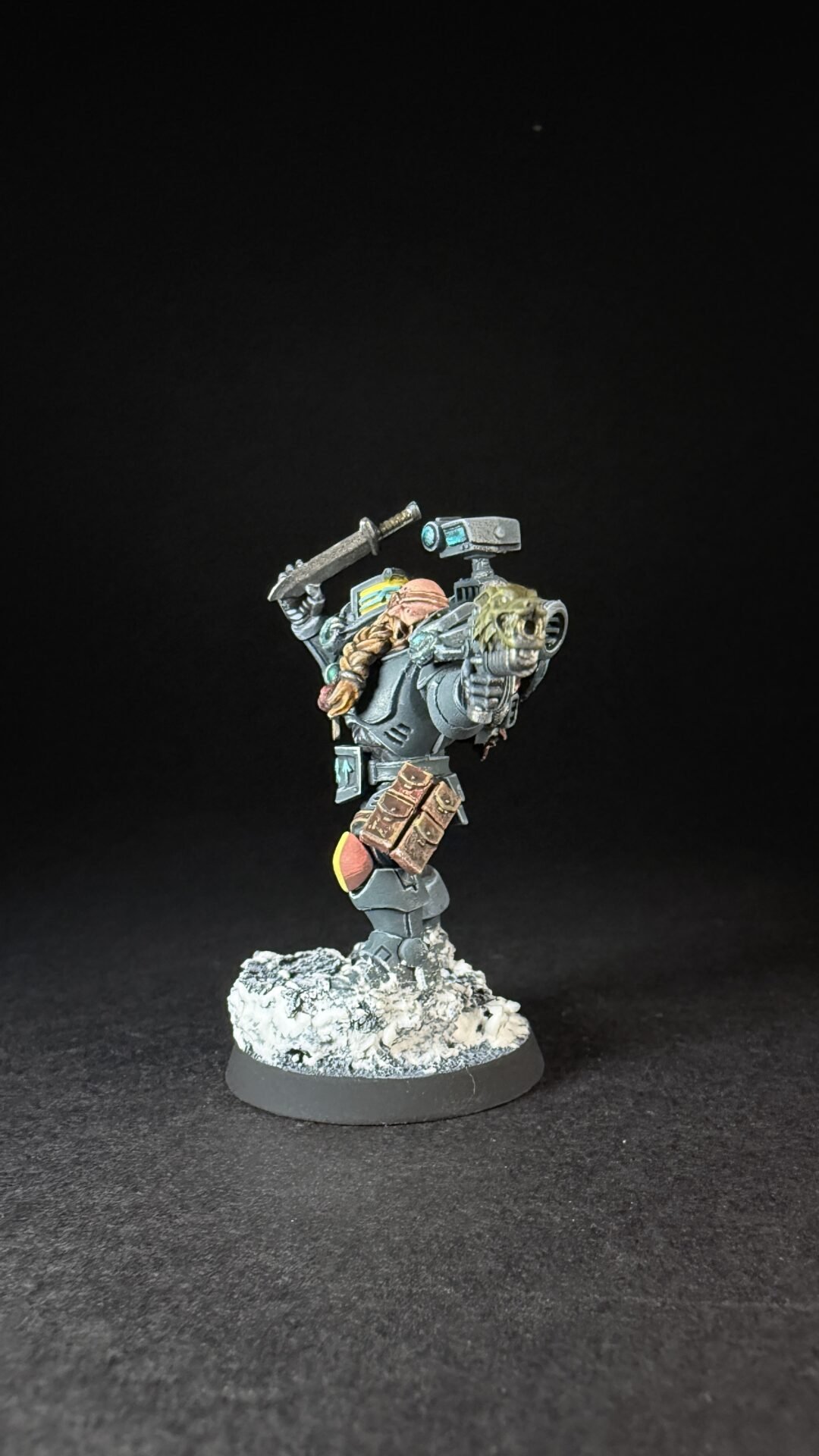 Painted Wolf Scout Hunter with Plasma Pistol and Combat Blade on snowy base.