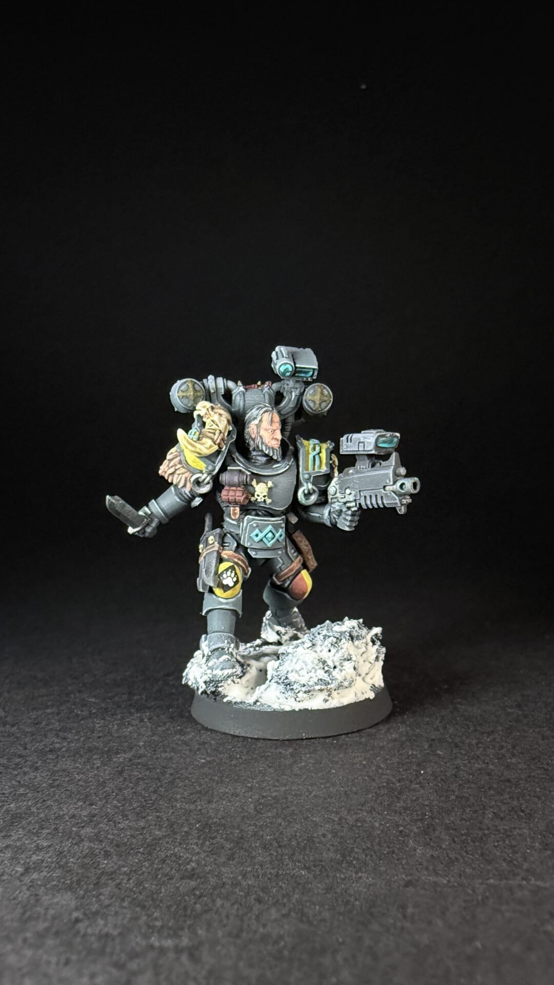 Painted Wolf Scout Fangbearer with Absolvor Bolt Pistol and Combat Blade on snowy base.