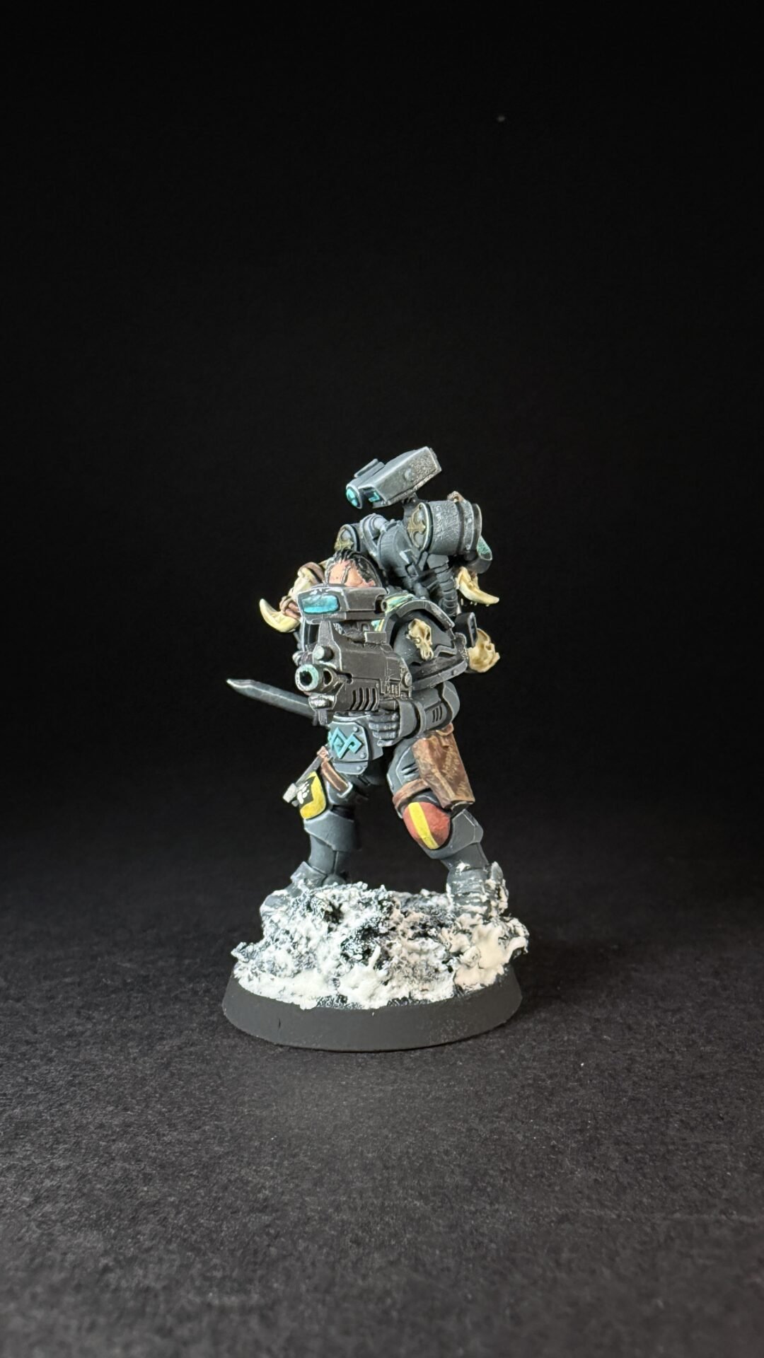 Painted Wolf Scout Fangbearer with Absolvor Bolt Pistol and Combat Blade on snowy base.