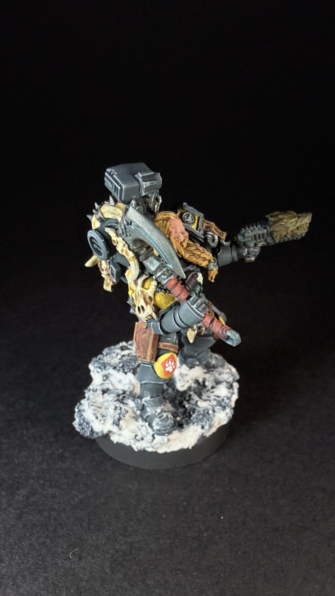 Painted Space Wolves Wolf Scout Pack Leader with plasma pistol and power weapon on snowy base