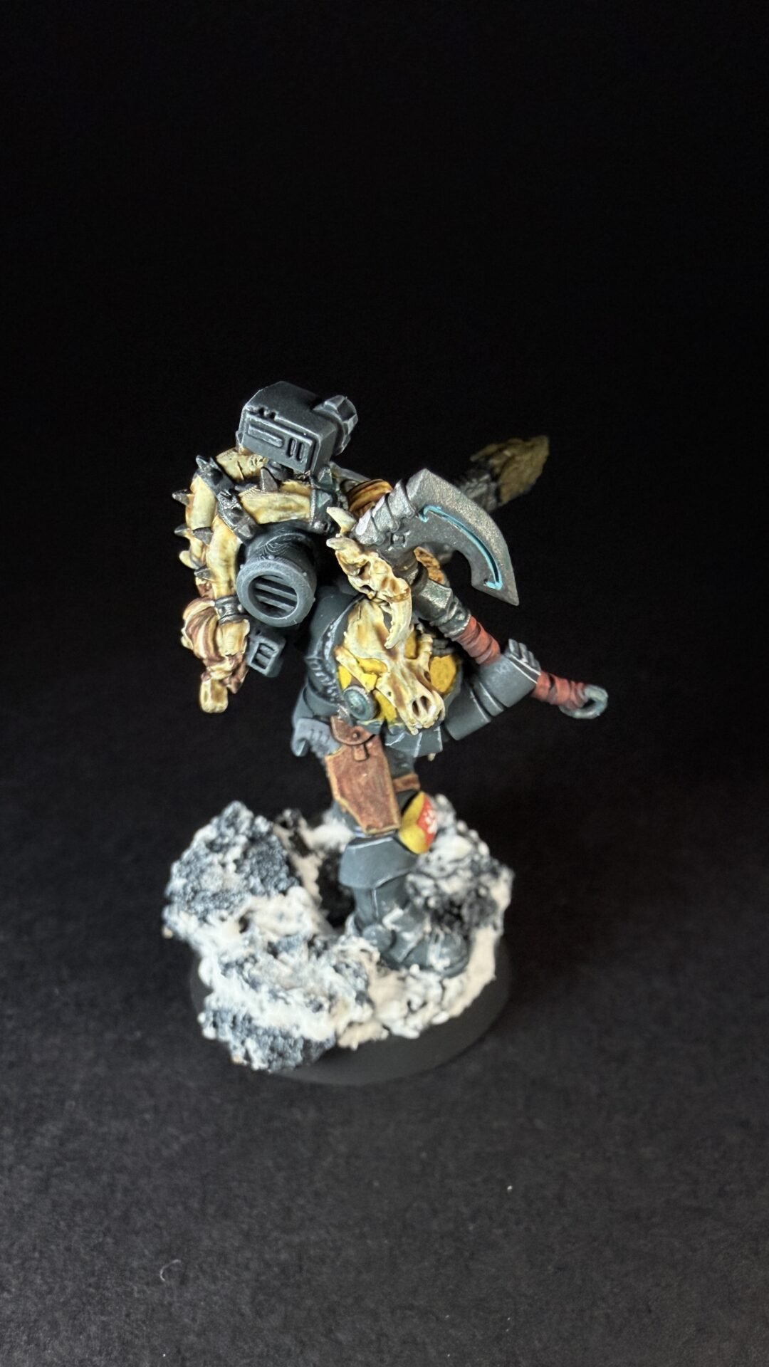 Painted Space Wolves Wolf Scout Pack Leader with plasma pistol and power weapon on snowy base