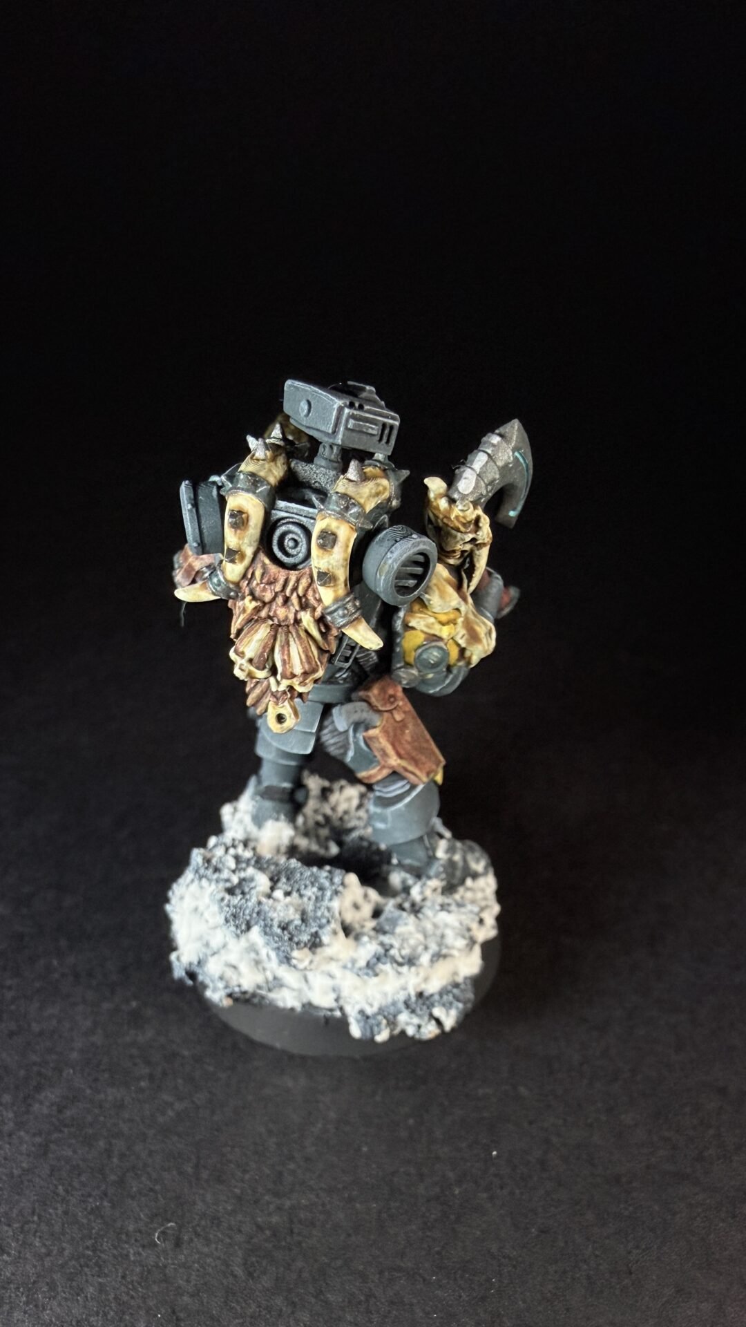 Painted Space Wolves Wolf Scout Pack Leader with plasma pistol and power weapon on snowy base