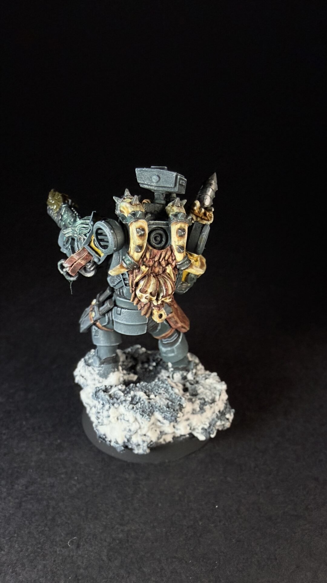 Painted Space Wolves Wolf Scout Pack Leader with plasma pistol and power weapon on snowy base
