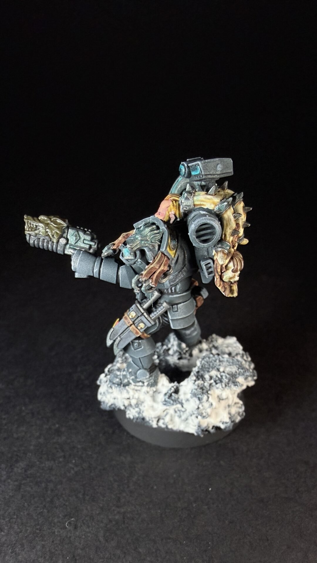Painted Space Wolves Wolf Scout Pack Leader with plasma pistol and power weapon on snowy base