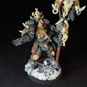 Scout Rune Priest Skjald_2055 Painted Wolf Scout Rune Priest Skjald with Bolt Pistol and Runic Staff on snowy base.