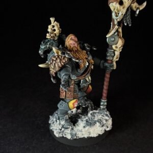 Scout Rune Priest Skjald_2056 Painted Wolf Scout Rune Priest Skjald with Bolt Pistol and Runic Staff on snowy base.