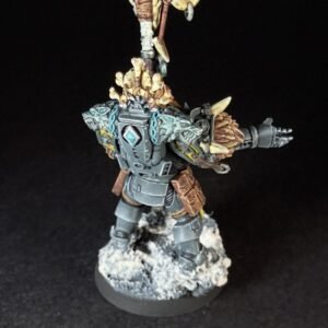 Scout Rune Priest Skjald_2058 Painted Wolf Scout Rune Priest Skjald with Bolt Pistol and Runic Staff on snowy base.