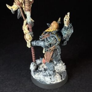 Scout Rune Priest Skjald_2060 Painted Wolf Scout Rune Priest Skjald with Bolt Pistol and Runic Staff on snowy base.