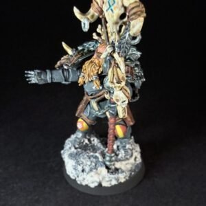 Scout Rune Priest Skjald_2062 Painted Wolf Scout Rune Priest Skjald with Bolt Pistol and Runic Staff on snowy base.