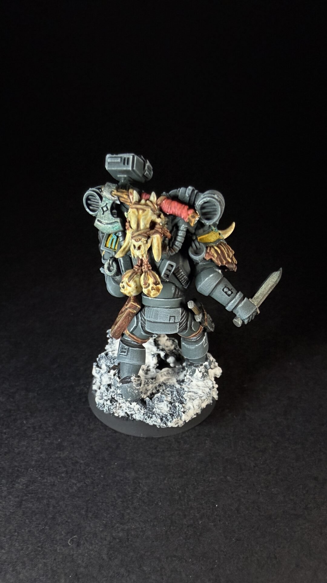 Painted Wolf Scout Fangbearer with Absolvor Bolt Pistol and Combat Blade on snowy base.