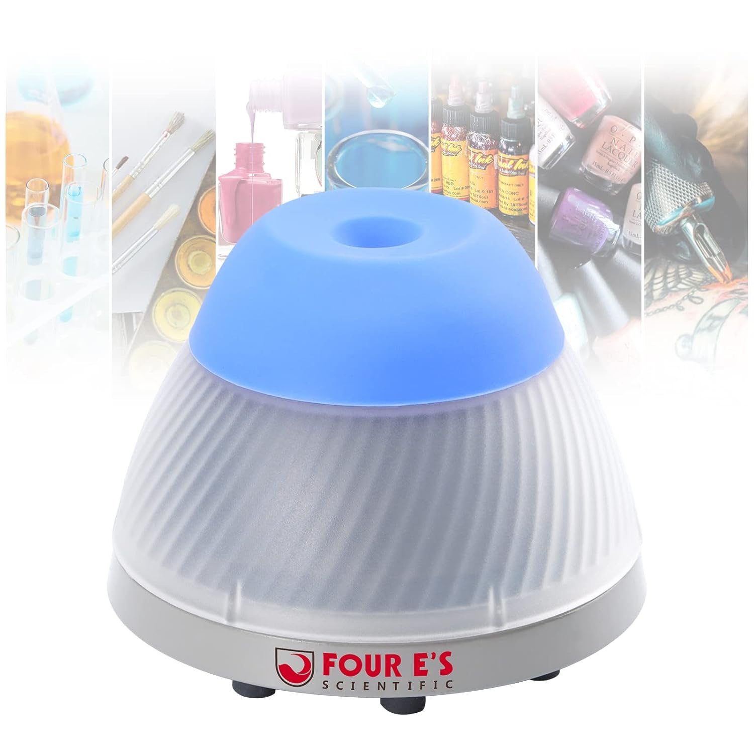 Ultrasonic humidifier with a blue top sits in front of a laboratory-themed collage background.