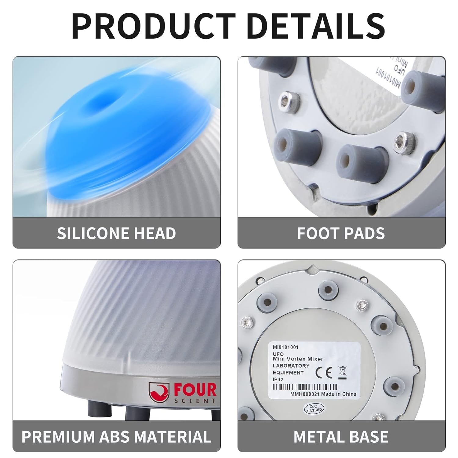 Product details: silicone head, foot pads, premium ABS material, and metal base (infographic).