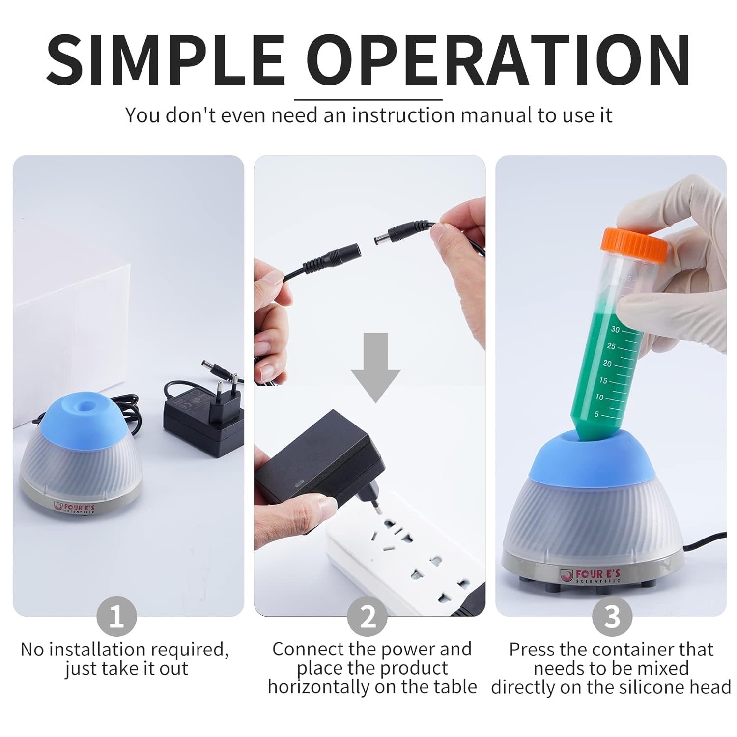 Three-panel infographic showing simple setup: 1) remove from packaging, 2) plug in and place the unit on a table, 3) press the mixing container onto the silicone head for operation.